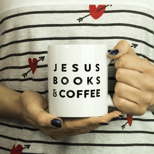 "Jesus Books & Coffee" White Mug - Adoration Apparel | Christian Shirts, Hats, for Women, Men and Toddlers