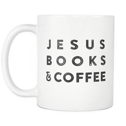 "Jesus Books & Coffee" White Mug - Adoration Apparel | Christian Shirts, Hats, for Women, Men and Toddlers