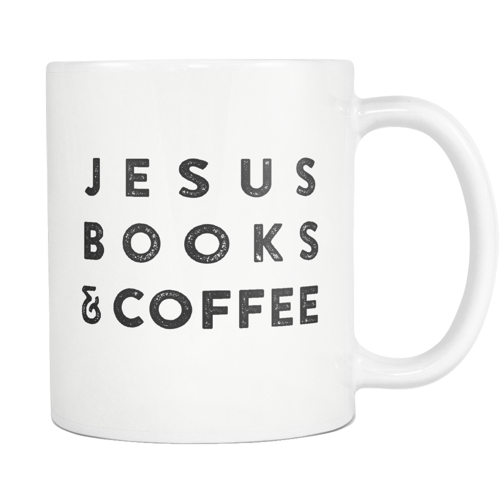 "Jesus Books & Coffee" White Mug - Adoration Apparel | Christian Shirts, Hats, for Women, Men and Toddlers