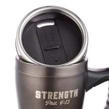 Load image into Gallery viewer, Strength Stainless Steel Travel Mug - Adoration Apparel | Christian Shirts, Hats, for Women, Men and Toddlers