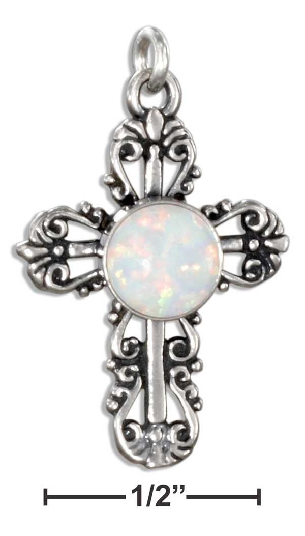 Sterling Silver Fancy Filigree Synthetic Opal Cross Charm - Adoration Apparel | Christian Shirts, Hats, for Women, Men and Toddlers